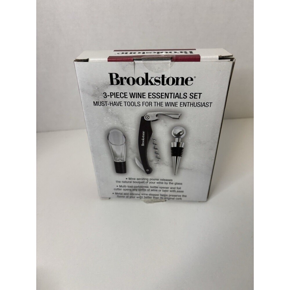 Brookstone 3-Piece Wine Essentials Set w/ Corkscrew, Pourer & Stopper